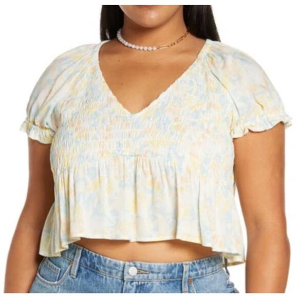 NWT BP. Size 1X Plus Size Babydoll Shirred Crop Top Teal-Ivory Zel Floral Crop - Picture 1 of 9